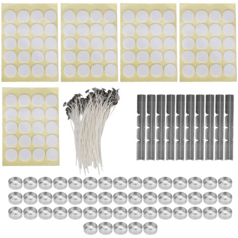 260 Kerzendochte (15 cm), 100 doppelseitige Klebestreifen, 50 Kerzenhalter, 10 Dochthalter aus Edelstahl, 14 g gelbe Aluminiumhalter