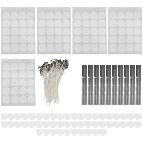260 mèches bougie 15cm, 100 stickers adhésifs double face, 50 coquilles bougie, 10 porte-mèches inox, cœur plastique blanc - Kit complet fabrication bougies