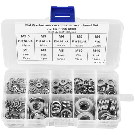 260 Pièces Rondelles Plates et Grower en Acier Inoxydable - Assortiment M2.5 à M10