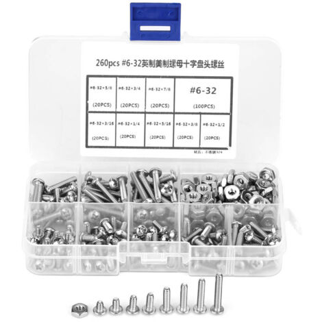 260 pièces Vis à Machine en Acier Inoxydable Tête Plate Cruciforme Kit Assortiment 6-32