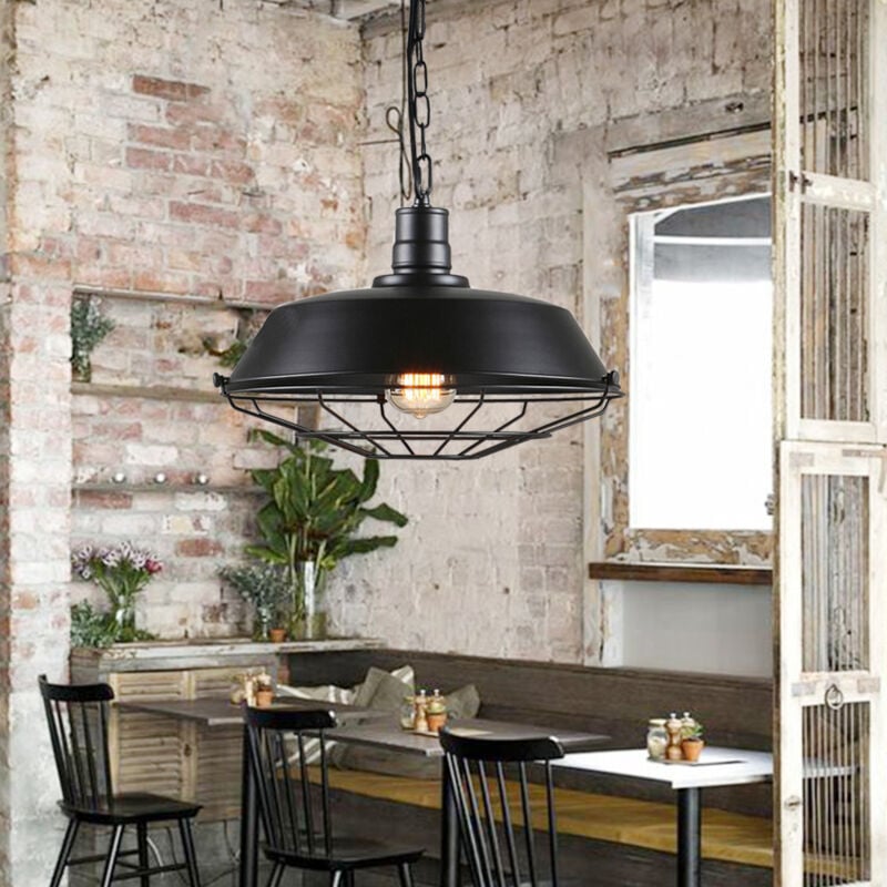 Lustre Suspension Design Vintage Industrielle Rétro Fer Abat-jour E27 40W Noir 36cm