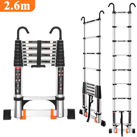 STOEX 2.6M Échelle Télescopique en Aluminium avec Crochet Support Mural, Escabeau Escamotable Multifonction Pliable Échelle de Toit Charge 150 kg, Noir Argenté