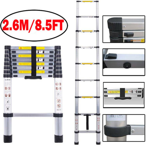 2.6M Telescopic Extension Ladder, Multi-Purpose Folding Telescoping Ladder, Heavy Duty Stainless Steel Portable Retractable Loft Ladder for Roof Work, Window Cleaning, Indoor Decorating