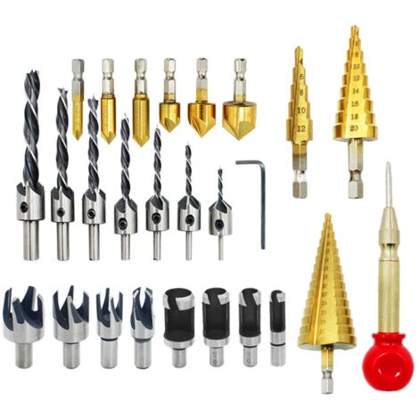 26Pcs Countersink Drill Bit Set, Woodworking Drilling Tools, Including 8Pcs Wood Plug Cutters, Three-Pointed Tip Drill Bit with L Wrench, 6Pcs Countersink Drill Bits, 3-Step Drill Bit for DIY Woodwork