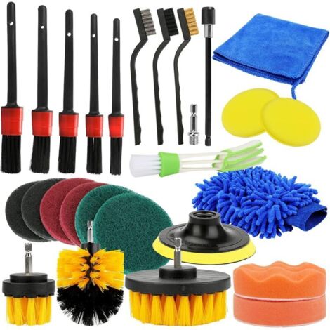 26Pcs Lot de Brosse Nettoyage Voiture, Pinceau de Nettoyage Voiture Kit de Brosse de Roue Automatique Ensemble d'outils de Lavage intérieur et extérieur de Brosse de perçage électrique Gant H419