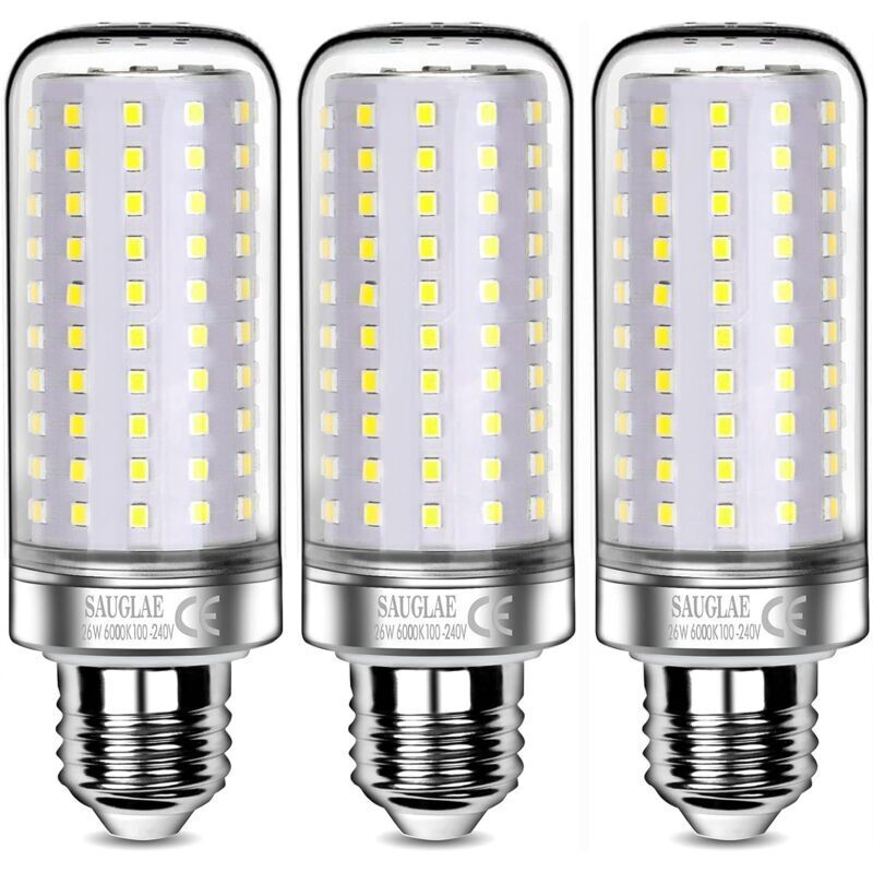 26W LED Bulbs, 200W Incandescent Bulb Equivalent, 3000Lm, 6000K Cool White, E27 Edison Screw Bulbs, 3 Pack [Energy Class E]