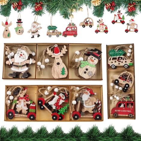27 Pièces Decorations de Noel en Bois de Pendentifs, Décoration Arbre de Père Noël Bonhomme de Neige Rêne Suspendue pour Sapin de Noël