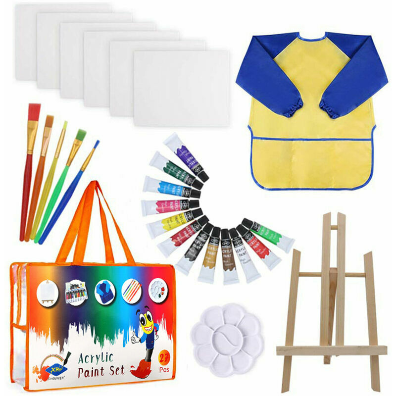 Tumalagia - 27 Pieces Kids Art Drawing Set 12 Vivid Colors with 5 Brushes/Paint Palette/Easel/Color Mixing Board for Kids/Teens/Beginners (Yellow)
