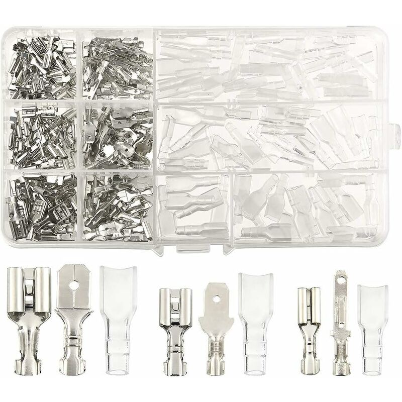 270 pcs Electrical Lug, Wire Connector T-Connector, Male Female Spade Wire Connectors Crimp Terminal Block with Insulator Sleeve 2.8mm 4.8mm 6.3mm