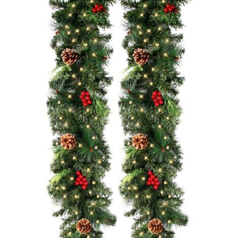 270cm Artificial Christmas Tree Garland, Green Fir Tree Wreath with Pine Cones, Red Fruits, Ideal Christmas Decoration, for Bedroom Door Wall Window Stairs Fireplace (2.7m with 50Leds)