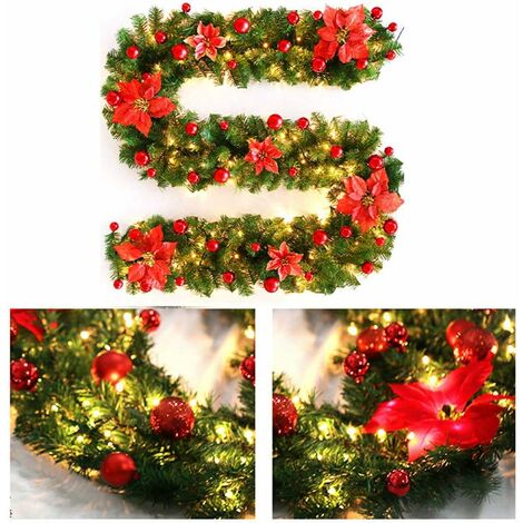 270cm Guirlande Artifici Sapin Lumineux Noël Rotin Artifici Guirlande avec Décoration De La Lampe LED pour Arbre De Noël Porte Escalier Cheminée (Rouge)
