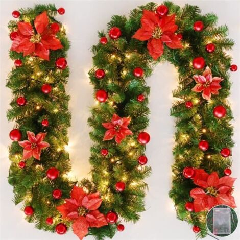 270cm Guirlande de Noël, Rotin de Noël avec lumières LED, Guirlande Sapin Artificiel, Couronne de noël pour cheminée, escalier