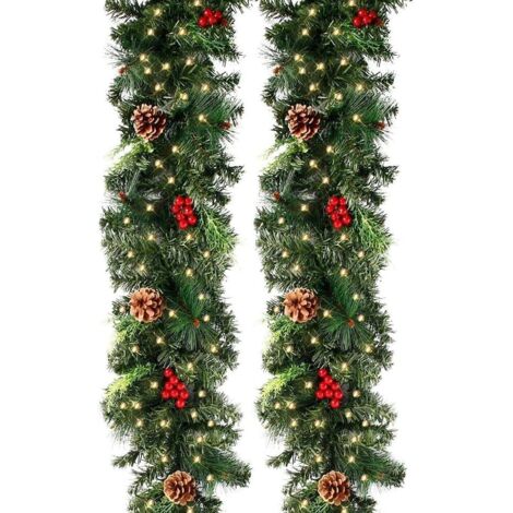 270cm Guirlande Sapin Artificiel Lumineuse Vert avec 50 LEDs,230 Tete,Pomme de pin Fruit Rouge,Couronne Sapin Noël pour décoration Cheminée Porte Escalier (270CM, Guirlande avec LED)