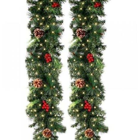 270cm Künstliche Tannen Girlande Nëol Leuchtend Grün mit 50 LEDs, 230 Köpfe, Kiefernzapfen, Rote Früchte, Tannenkranz Weihnachten für Kamin Treppe Tür Dekoration (270CM, Girlande mit LED)