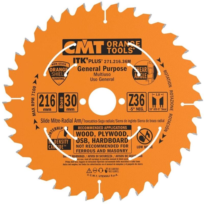 CMT – Lame de scie circulaire 216mm – Alésage 30mm – 36 dents – Acier haute qualité pour bois tendre et dur – Réduction des vibrations