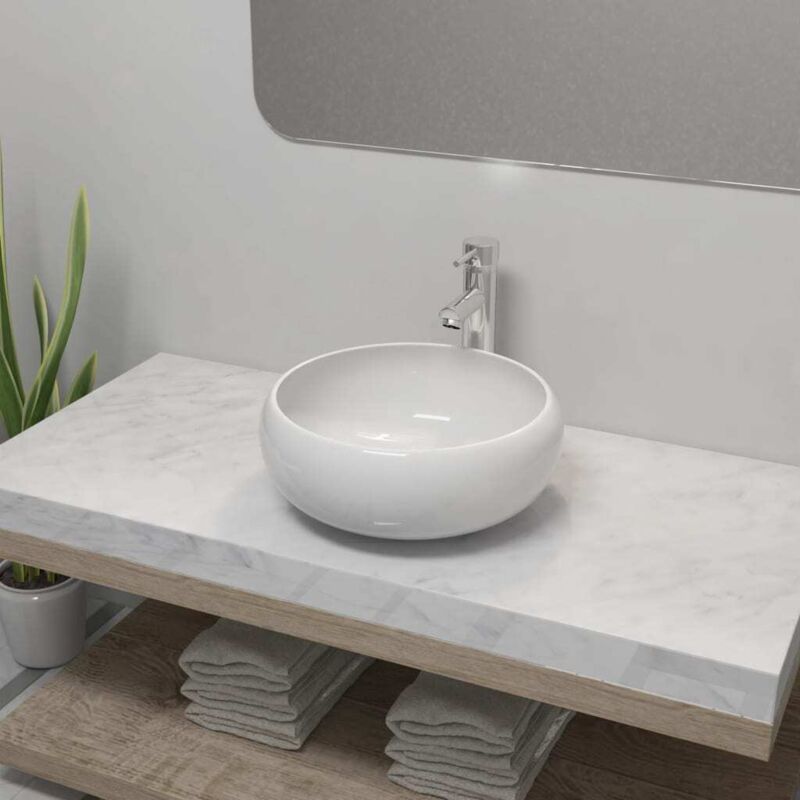 Bathroom Basin With Mixer Tap Ceramic Round White Vidaxl