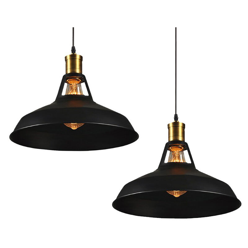 2pcs Vintage Pendant Light, Antuique Hanging Light with Dome Metal Lampshade, Retro Industrial Chandelier for Kitchen Island (Black, Ø27cm)