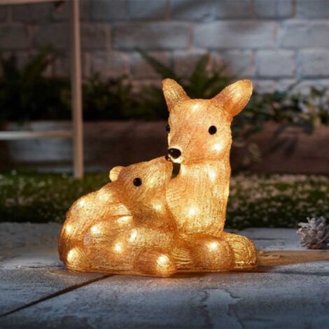 27cm Battery Powered Light up Ice Frosted Christmas Doe & Fawn with Warm White LEDs
