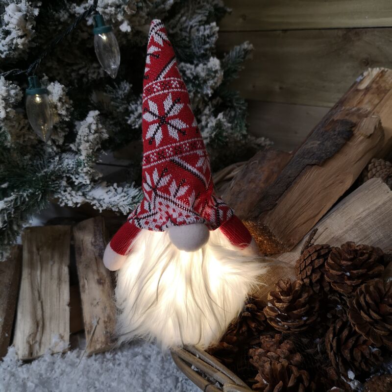 Samuel Alexander - 27cm Tall Christmas Light Up Gnome Gonk Nordic Decoration Red Patterned Hat Sitting