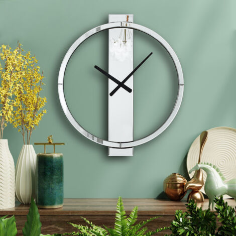 27in x 23in Modern Glam Mirrored Wall Clock - Oversized Decorative Round Clock with Vertical Mirror Accent for Living Room, Bedroom, Home Accent
