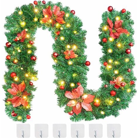 2.7M Artificial Christmas Tree Garland, LED Christmas Tree Garland, Door Christmas Wreath with 6 Hooks, for Decor Door Fireplace Stairs Party, Indoor Outdoor GrooFoo (red)