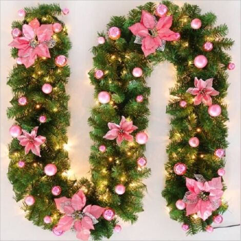 2,7m Guirlande de Sapin Noël Rotin de Noël Artificiel Décoration de Noël avec lampe Intérieur Extérieur pour Maison Cheminée - ROSE