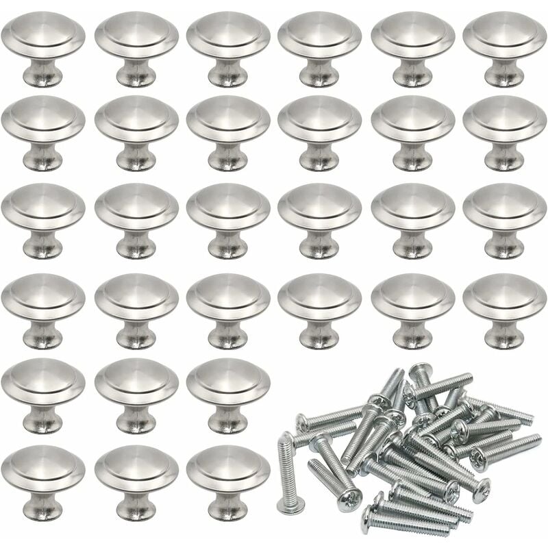 27mm Round Door Pulls 30 Pieces Brushed Stainless Steel Mushroom Shape Drawer Pulls Round Silver Kitchen Pulls with 30Pcs Screws for Furniture Such