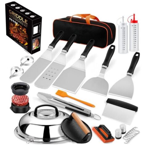 27PCS Spatule Plancha Accessoires pour Hommes, Teppanyaki Grill Set d'ustensiles de Barbecue INOX, Hibachi Smasher Burger Kit Cadeau avec Presse à Hamburger, Cloche Cuisson pour Blackstone