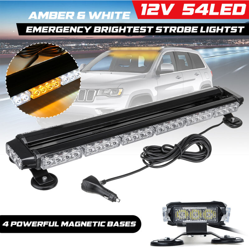 28' 54LED Barre lumineuse stroboscopique d'avertissement d'urgence pour voiture étanche ambre et blanc