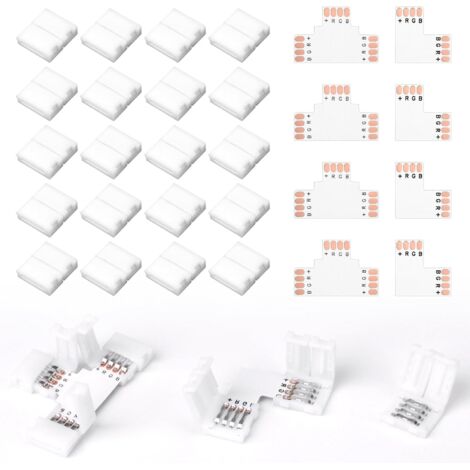 28 conectores de 4 pines para tiras LED RGB SMD5050 de 10 mm. Conector LED con empalme para conexiones en L y extensiones de tiras. Accesorios prácticos y seguros.
