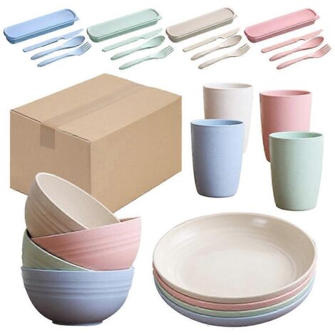 28 pièces de vaisselle Whea Sraw, assiette colorée, bol, tasse, couteau, fourchette, cuillère