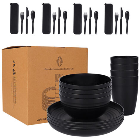 28-teiliges Essgeschirr-Set bestehend aus einer Schüssel, einer Tasse, einem Messer, einer Gabel und einem Plastiklöffel.