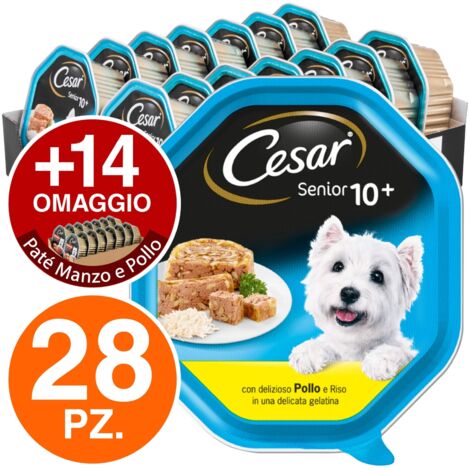 28 Vaschette Cesar Senior 10+ per Cani con Pollo e Riso in Gelatina + 14 Manzo e Pollo in OMAGGIO