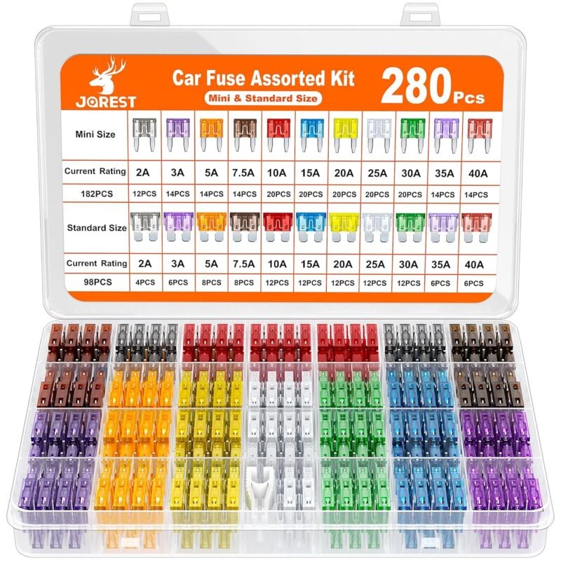 280 Pcs Fusible Voiture Set, 182 Mini Fusibles Auto + 98 Moyenne Fusibles Automobile + 1 Extracteurs de fusibles - pour Voiture/RV/Camion/Moto (2A 3A