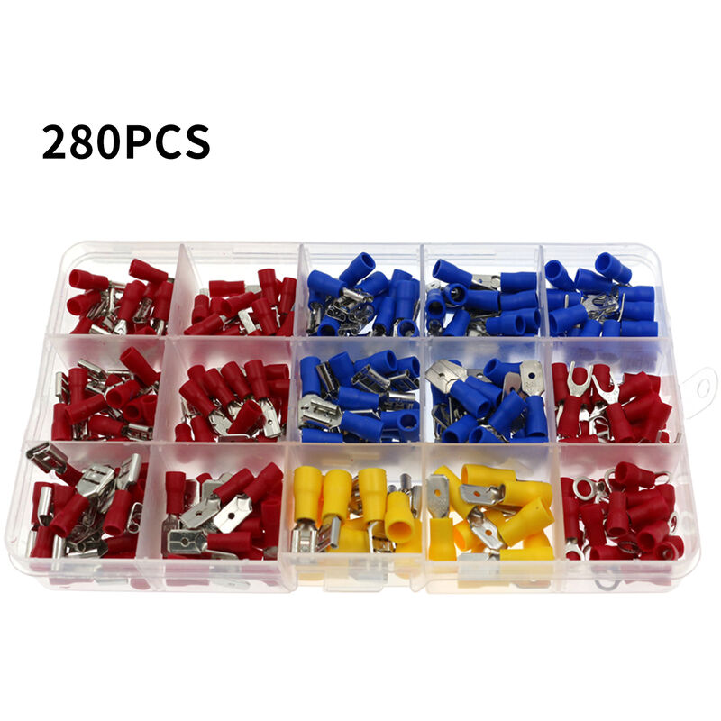 

280PCS Conectores electricos de alambre aislado Butt, Ring, Spade, Terminales de crimpado de desconexion rapida Kit surtido de conectores Cable de