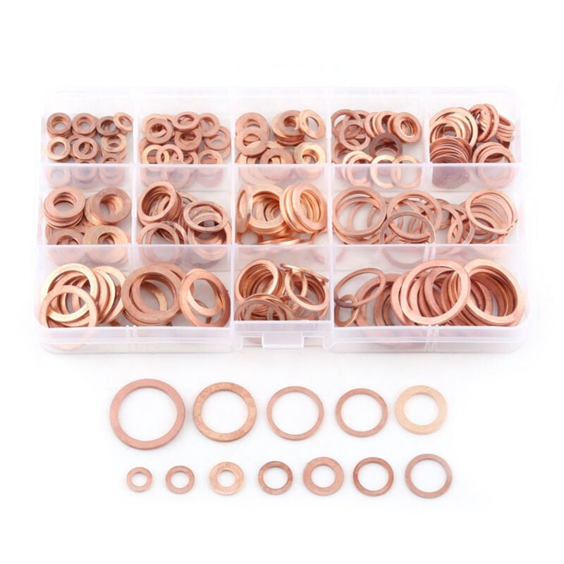 280pcs M5-M20 Copper Flat Washers 12 Sizes, Flat Washer with Storage Box for Screw Sealing, Sealing Rings