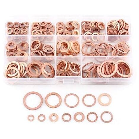280pcs M5-M20 Copper Flat Washers 12 Sizes, Flat Washer with Storage Box for Screw Sealing, Sealing Rings