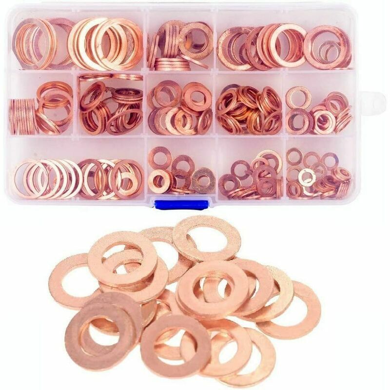 280pcs Rondelles Cuivre avec 12 Tailles, Cuivre Rondelles Plate o Forme Joint d'Huile Bague d'Étanchéité avec une Boîte de Rangement