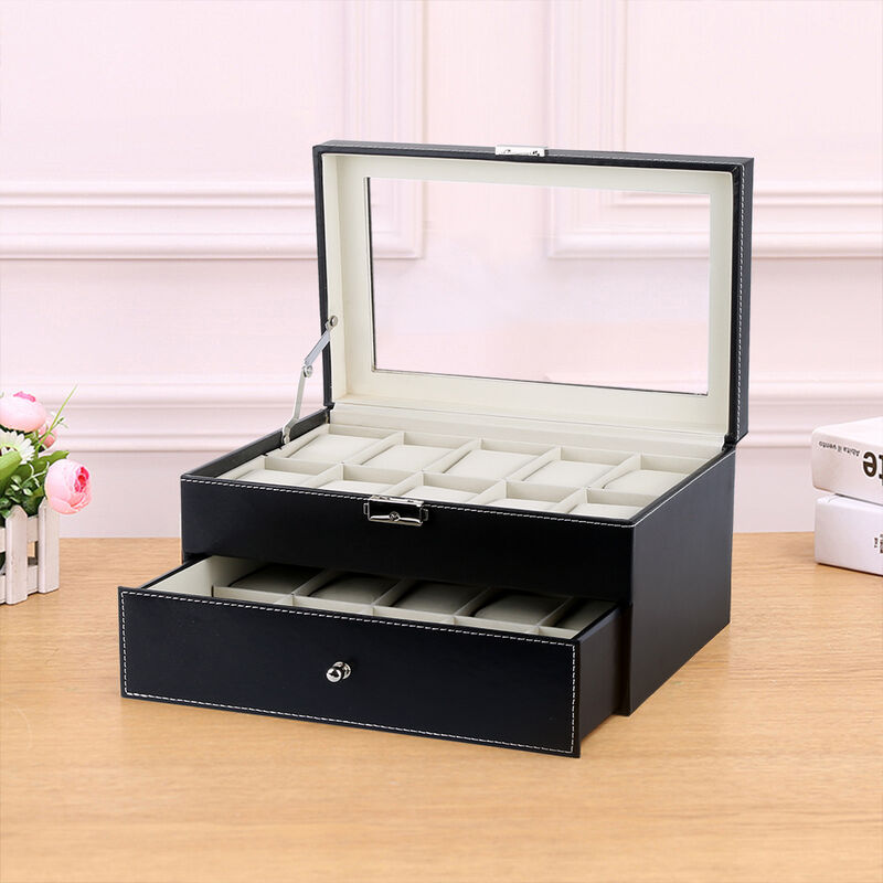 Boîte à Montres à 2 couches Présentoir Rangement pour Montres en Cuir pu avec 20 Compartiments avec Couvercle en Verre Etui Porte Bijoux Montre Homme