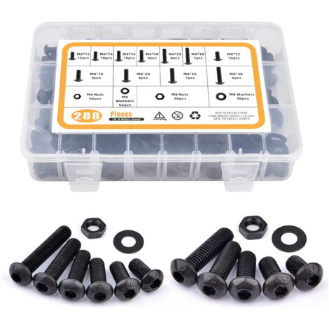 288 tornillos de cabeza redonda hexagonal interna, tornillos de cabeza de disco M6 M8 hexagonales interna, tuerca plana, caja mate