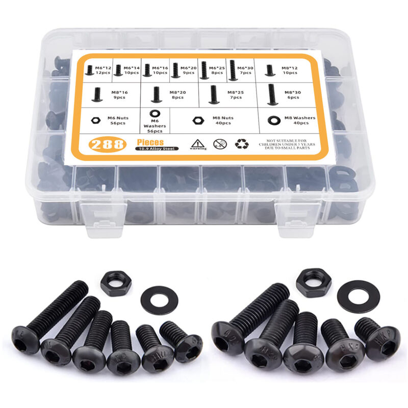 288pcs tête ronde vis hexagonale intérieure, m6m8 tête de disque vis hexagonale intérieure écrou plat mat boîte