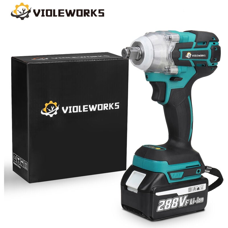 

288V Llave de Impacto Inalámbrica sin Escobillas de Batería de Litio con 2 Baterías y 1 Cargador, Herramienta Profesional VIOLEWORKS
