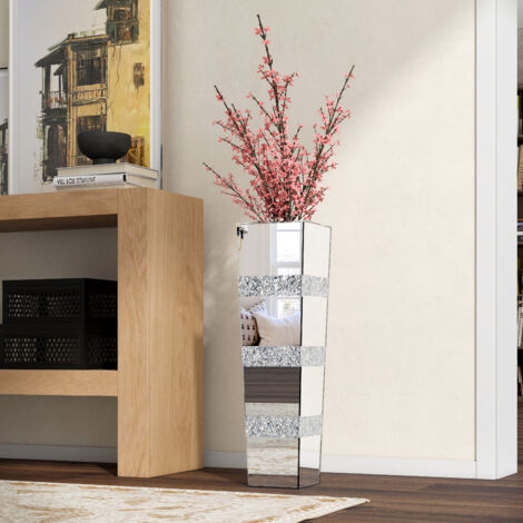28in Modern Glam Mirrored Crystal Striped Floor Vase - Tall Decorative Vase for Living Room, Entryway Accent
