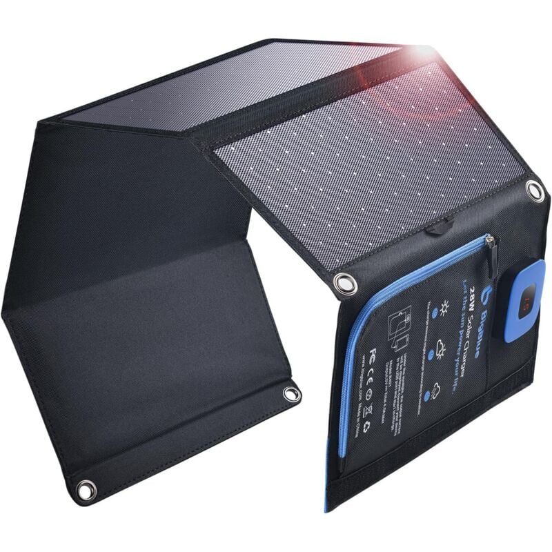 28W Panneau Solaire Pliable avec Ampèremètre Numérique, BigBlue Chargeur Solaire Portable IPX4 avec 2 Ports USB (5V/2.4A chacun) pour iPhone, Samsung
