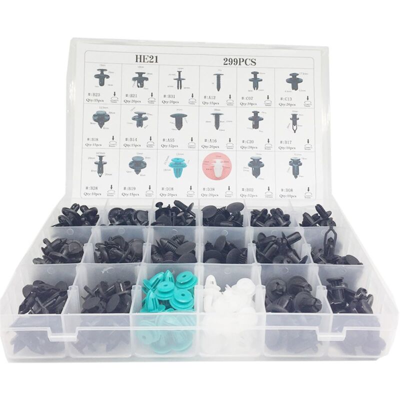 299pcs Clips Agrafe Plastique Rivets Garnissages Pare-chocs Panneaux de Portes Auto Voiture Universel avec Boîte De Rangement