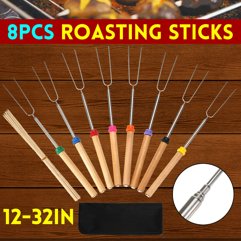 

[29PCS Set] Juego de 8 creativos tenedores para barbacoa de acero inoxidable y 20 piezas de pinchos de bambú Palos para asar Tenedores extensibles de