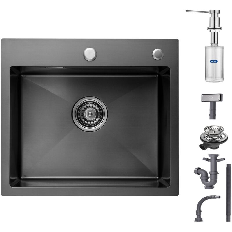 CECIPA Evier Cuisine 1 Bac Évier Inox 1 Cuve avec Siphon et Trop-Plein Évier de Cuisine 50×45×18.5CM + Distributeur de Savon Brossée