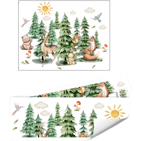 2Autocollants muraux animaux de la forêt de pins de dessin animé Zhang -décoration du salon et de la chambre à coucher