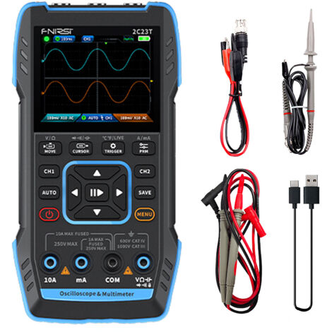 2C23T Oscilloscope numérique portable multimètre + générateur de signaux de fonction Dernier générateur de signaux d'oscilloscope à double canal 3 en 1 10 MHz x 2 50 MS/s