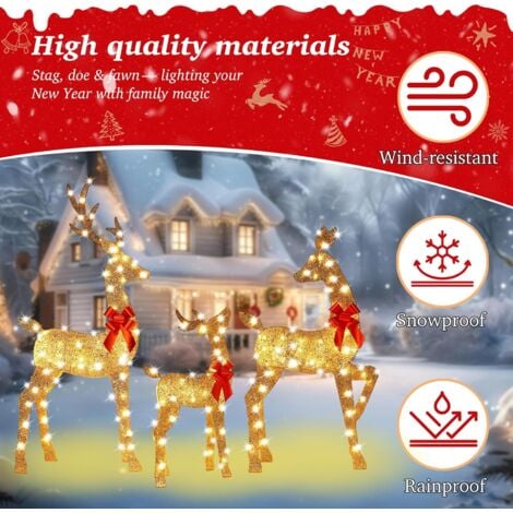 ANDYOU Décorations de Noël extérieures - Famille de rennes lumineux, guirlandes lumineuses LED, cadeau pour jardin et pelouse (ensemble de 3 pièces)